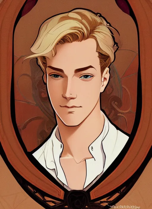 Prompt: well - lit art nouveau portrait of a young man with short blond hair, natural lighting, path traced, highly detailed, high quality, cartoon, digital painting, by don bluth and ross tran and studio ghibli and alphonse mucha