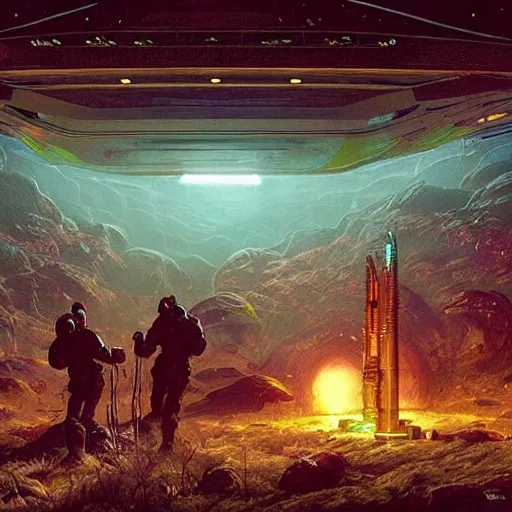 Prompt: scene from prometheus movie, simon stalenhag artlilery spaceship lands in country tavern, filigree ornaments, volumetric lights, syd mead, beksinski