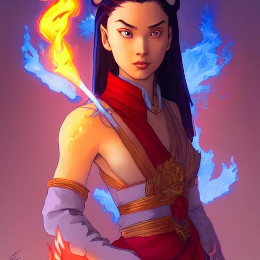 Image similar to Portrait of Fire Lord Azula, her left hand wreathed in blue flame, Avatar The Last Airbender, intricate, elegant, highly detailed, digital painting, artstation, concept art, smooth, sharp focus, illustration, art by artgerm and greg rutkowski and alphonse mucha and andrei riabovitchev