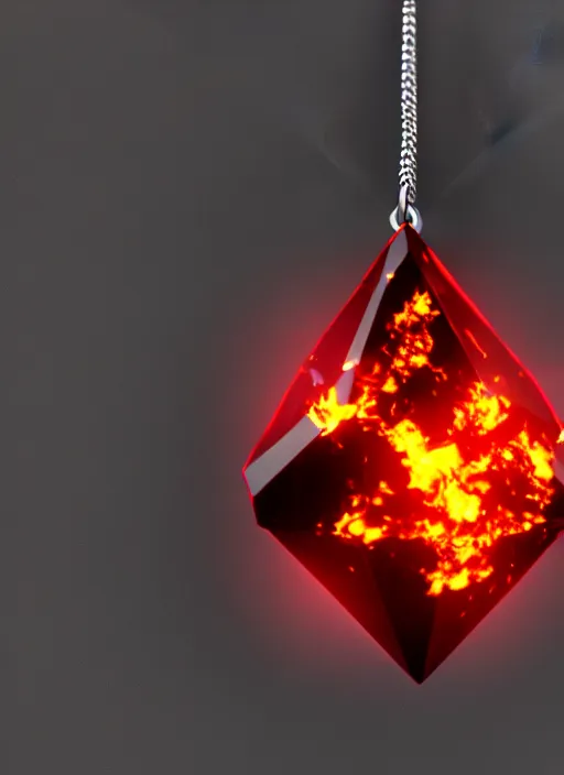 Image similar to rpg item, a black necklace with a bright red crystal pendant in flames, Unreal 5, DAZ, hyperrealistic, rpg style, octane render, dynamic lighting