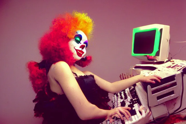 Prompt: cute clowngirl in clowncore cyberspace, fractal, in 2 0 5 5, y 2 k cutecore clowncore, low - light photography, bathed in the glow of a crt monitor, terry richardson photoshoot