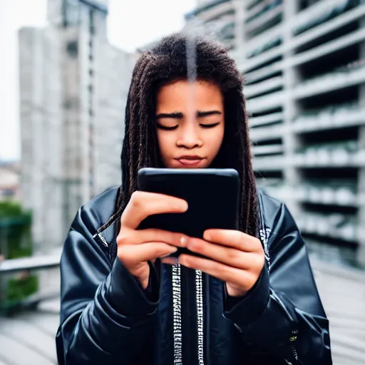 Image similar to candid photographic portrait of a poor techwear mixed young woman using a phone inside a dystopian city, closeup, beautiful garden terraces in the background, sigma 85mm f/1.4, 4k, depth of field, high resolution, 4k, 8k, hd, full color