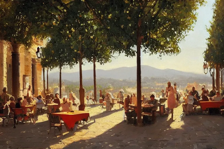 Prompt: masterpiece painting by jean hugo of people at a cafe terrace in south of france, classical buildings, trees, cinematic light, atmospheric effects, large view, artstation, deviantart