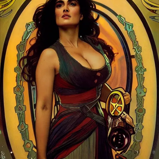 Prompt: salma hayek portrait by alphonse mucha, cyberpunk city bar, perfect proportions, beautiful face, perfect eyes, real life colors, elegant, sharp focus, hyper - realistic, 4 k, highly detailed, hd, dramatic lighting by brom