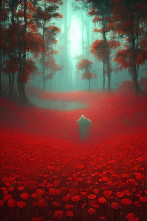 Image similar to VAST FOREST, red poppies, dreamlike, psychedelic, otherworldly, weird, cyberpunk, vaporware, interesting details, volumetric lighting, dramatic, fantasy, by Moebius, by zdzisław beksiński, ARTGERM, Fantasy LUT, epic composition, 8k,