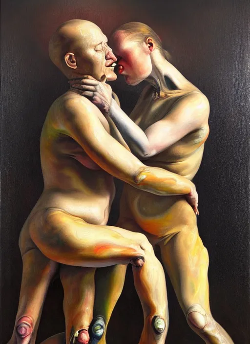 Prompt: a strange, biomorphic painting of two humanoid figures entwined, in the style of jenny saville, in the style of charlie immer, part by gerhard richter, highly detailed, dramatic, emotionally evoking, head in focus, volumetric lighting, oil painting, timeless disturbing masterpiece