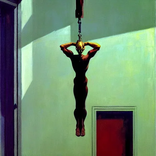 Image similar to a mechanical god hangs from the ceiling in an empty room, a highly detailed edward hopper painting, by adrian ghenie and gerhard richter. art by james gurney. masterpiece, flat surreal design with deep colours. 8 k. artstation.