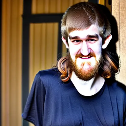 Image similar to bearded long - haired bo burnham outside of his house, smiling and dancing