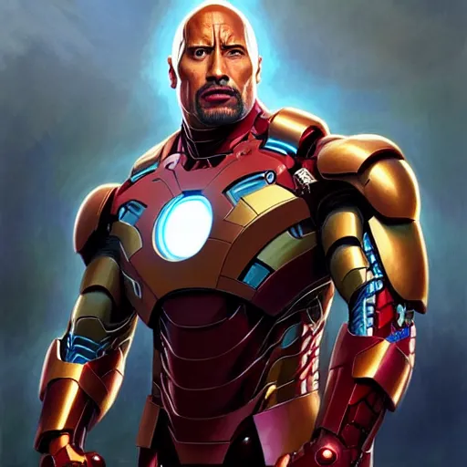 Image similar to Dwayne Johnson wearing an Iron Man suit, western, D&D, fantasy, intricate, elegant, highly detailed, digital painting, artstation, concept art, matte, sharp focus, illustration, art by Artgerm and Greg Rutkowski and Alphonse Mucha