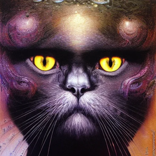 Prompt: realistic detailed image of black persian cat staring contemptuously at people with fractals in the background by ayami kojima, amano, karol bak, greg hildebrandt, and mark brooks, neo - gothic, gothic, rich deep colors. beksinski painting, part by adrian ghenie and gerhard richter. art by takato yamamoto. masterpiece