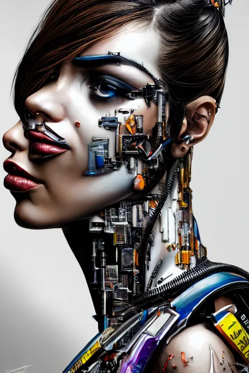 Prompt: sideview waist up portrait of beautiful cyborg woman by sandra chevrier, by ibrahem swaid, cybernetics, glamor shot, closeup, f / 2. 8, low contrast, cinematic rim shaded lighting, hyper realistic detailed intricate render, hypermaximalist, ornate, epic composition, 4 k 8 k, cryengine, sharp focus, masterpiece