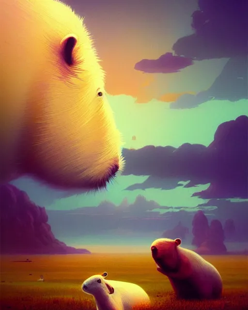 Image similar to white capybara relaxing, surreal photography, synth dramatic light, impressionist painting, colorful clouds, digital painting, artstation, kilian eng, john harris, bastien lecouffe - deharme, simon stalenhag, flower face