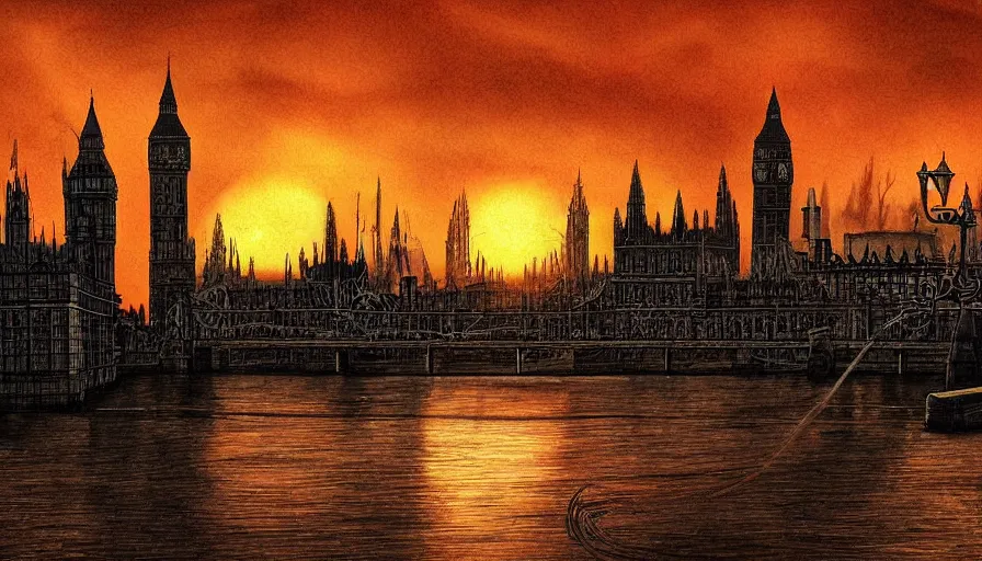 Prompt: sunset over london, scary, ominous, spooky, shadows, extremely detailed, horror, digital art