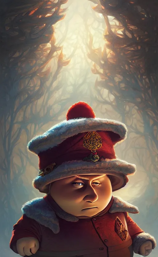 Image similar to eric cartman, d & d, fantasy, intricate and very beautiful and highly detailed, elegant, digital painting, artstation, concept art, matte, smooth and sharp focus, illustration, art by tian zi and wlop and alsphonse mucha and artgerm and greg rutkowski