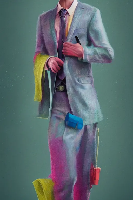 Image similar to a scene with a character wearing a super colorful muted color diy! suit, with a lot of pockets and details, henrik vibskov!, detailed photoreal render octane render, pointillism, oil on canvas, watercolor