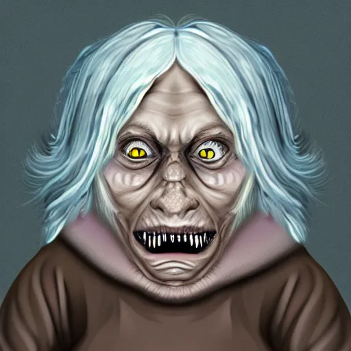 Image similar to creepy old goblin lady with magical nature powers, silver hair, dark yellow eyes, and a pep in her step, digital art