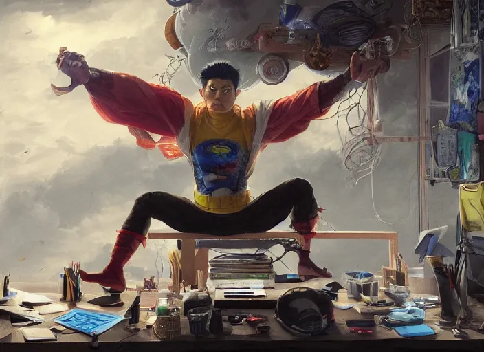 Image similar to an insanely detailed painting of an asian man wearing a homemade superhero costume, sitting at a desk, staring seriously at the computer and typing, in the style of peter mohrbacher, james jean, artgerm, dramatic lighting and composition, surreal background, octane render, pixar, trending on artstation, concept art, comic book, view from behind, 8 k