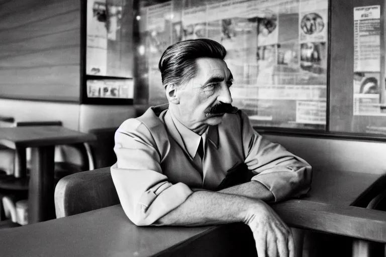 Image similar to a photo portrait of josef stalin in mcdonalds, sigma 2 4 mm f / 8 prize