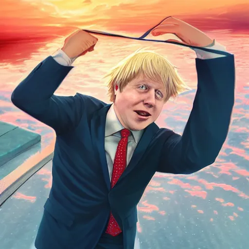 Image similar to Boris Johnson holding a ribbon wearing suit and necktie dancing on water, detailed facial features, evokes feelings of joy, beautiful flowing fabric, sunset, dramatic angle, realistic and detailed, by studio trigger, pixiv dslr photo by Makoto Shinkai rossdraws and Wojtek Fus