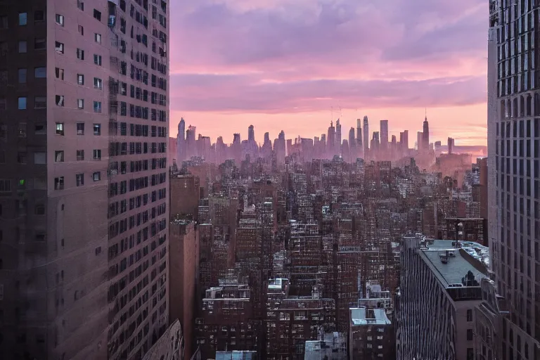 Image similar to photograph looking out of an apartment window in manhattan new york city, sunrise!! dawn, early morning light, cinematic, epic scene, volumetric light, highly detailed, 50mm, f8, fujifilm, Daniel Kordan, Flickr, 500px,