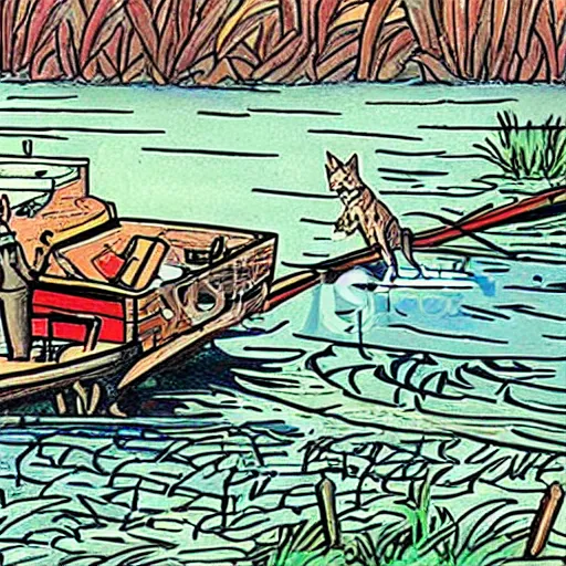 Prompt: coyote ralph fishing in ussr, cartoon art