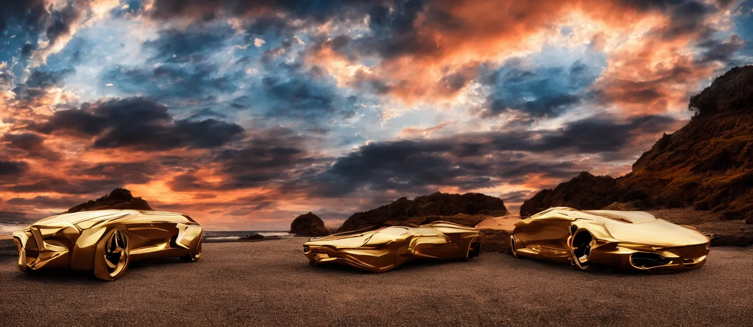 Prompt: futuristic golden luxury car from the year 2052, white tires with intricate rims, professional studio photography, dramatic lighting, clouds, colorful red sunset, on the beach, blue water