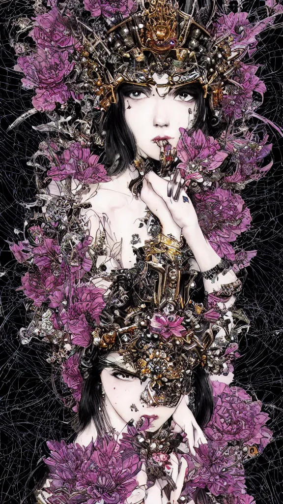 Image similar to cyberpunk fashion a beautiful black haired woman with pale skin and a crown on her head sitted on an intricate metal throne skin wrapped in flowers and wired, vintage style, by yoichi hatakenaka, masamune shirow, josan gonzales and dan mumford, ayami kojima, takato yamamoto, barclay shaw, karol bak, yukito kishiro