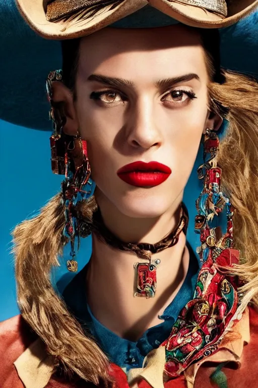 Prompt: dolce & gabbana campaign featuring jar jar binks as a female cowgirl, long eyeslashes, huge juicy lips, big seductive eyes, realistic colors, no filter, realistic vfx simulation