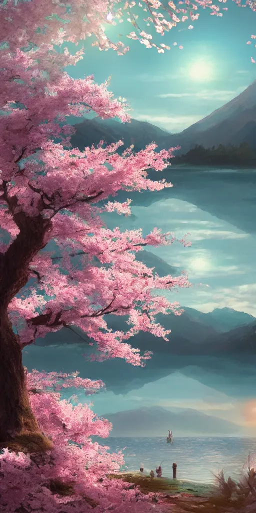 Image similar to a single sakura tree growing upon an island in a lake, cherry blossoms, illustration, light beams, digital art, oil painting, fantasy, 8 k, trending on artstation, detailed