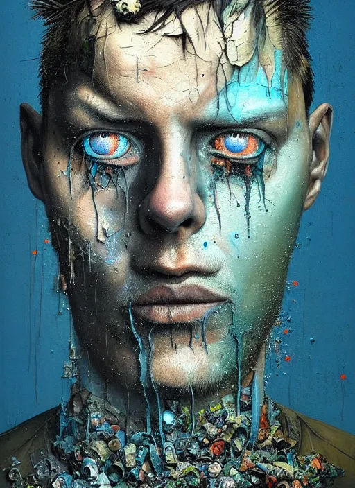 Image similar to gediminas pranckevicius photoreal colorful gouache impasto portrait of rebel punk!!!! by nicola samori and russ mills, blue glowing aggressive led eyes, zbrush, greeble skin, dripping color, octane render