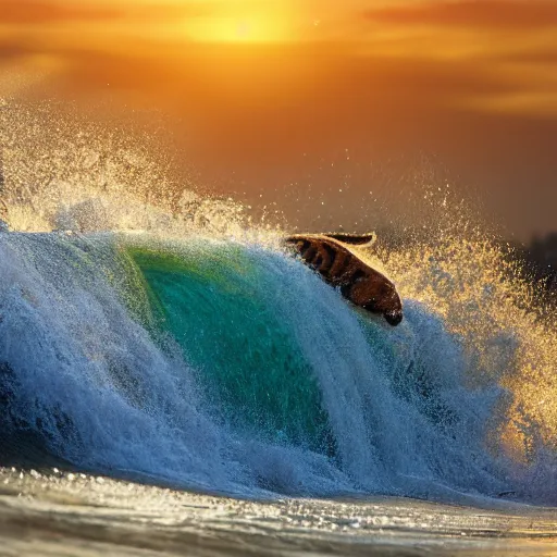 Prompt: a closeup photorealistic photograph of a happy cute tiger hippopotamus riding a large wave during sunset. surf in the background. professional capture. brightly lit scene. this 4 k hd image is trending on artstation, featured on behance, well - rendered, extra crisp, features intricate detail, epic composition and the style of unreal engine.