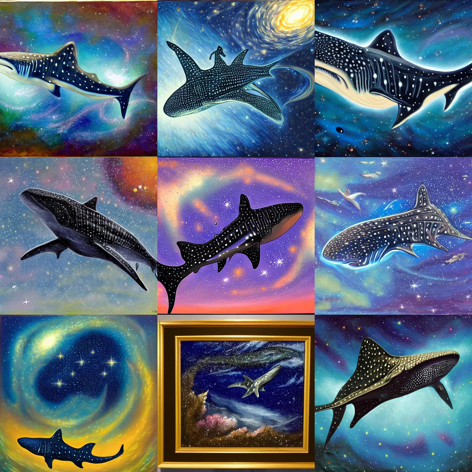 Image similar to oil painting of a whale shark flying in front of a swirling galaxy, shimmering stars, milky way