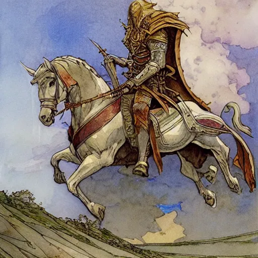 Image similar to a realistic and atmospheric watercolour fantasy concept art of a knight on a white horse, muted colors. by rebecca guay, michael kaluta, charles vess and jean moebius giraud,