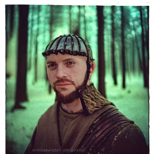 Image similar to close up kodak portra 4 0 0 photograph of a roman legimeer after the battle standing in dark forest, moody lighting, telephoto, 9 0 s vibe, blurry background, vaporwave colors, faded