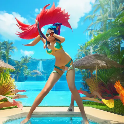 Image similar to pool party Akali catching the Hawaiian sun (League of Legends). 3d render, octane render, iRay, ray tracing, realistic, highly detailed, trending on artstation, 4k, cgsociety, unreal engine 5, redshift render, blender cycles, behance, cg