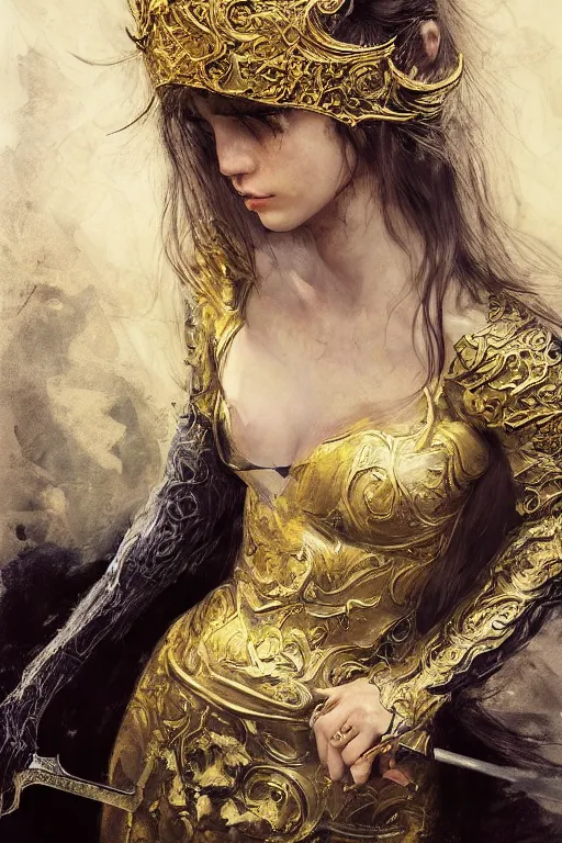Image similar to portrait of a beautiful 20-year-old woman Knight, Dark Souls 3 themed, in style of Valentin Serov, in style of Ruan Jia, insanely detailed and intricate, golden ratio, elegant, ornate, luxury, elite, matte painting, cinematic, cgsociety, James jean, Brian froud, ross tran, Laputa