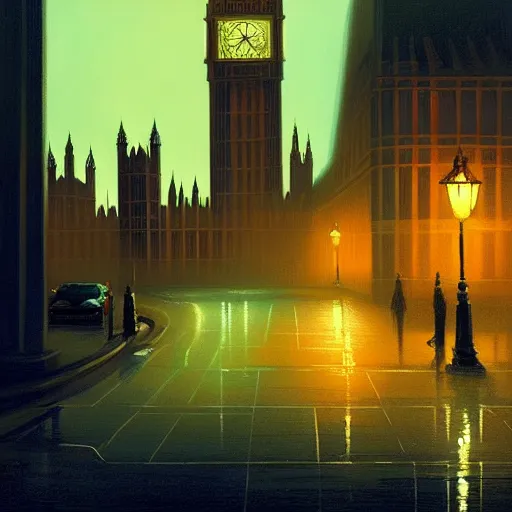 Prompt: london at night, fantasy, intricate, elegant, digital painting, trending on artstation, concept art, soft focus, illustration by greg rutkowski, edward hopper, 4 k.