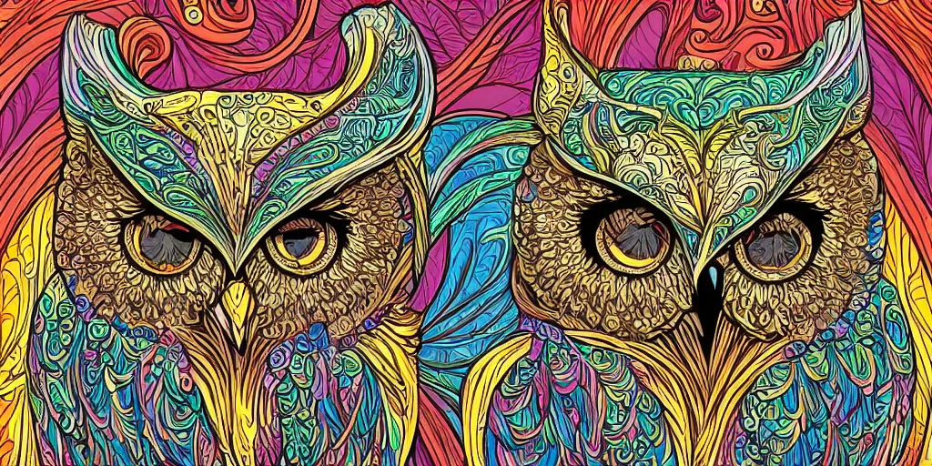 Image similar to Owl head in the style of art nouveau, colorful, detailed, hyper-detailed, fractals