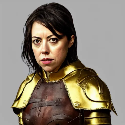 Prompt: aubrey plaza as a women warrior, leather, armor, battle axe , gold, black, brown, and white