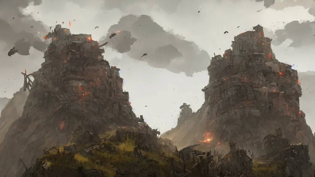 Prompt: top down view of fortified mountain bastion, chimneys, smoke trails, papyrus, watercolored, jakub rozalski, dark colours, dishonored, artstation