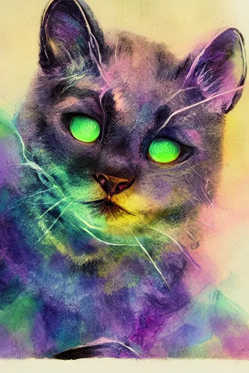 Image similar to ink acid shadow kitten, painted by erol otus and david thierree and dan adkins and john berkey, trending on artstation, volumetric lighting macro view muted colors, iridescent colors, dark academia, symbolism, brushwork