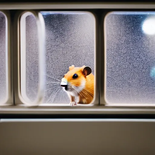 Image similar to photo of a hamster inside a metro train, looking out of a window, various poses, unedited, soft light, sharp focus, 8 k