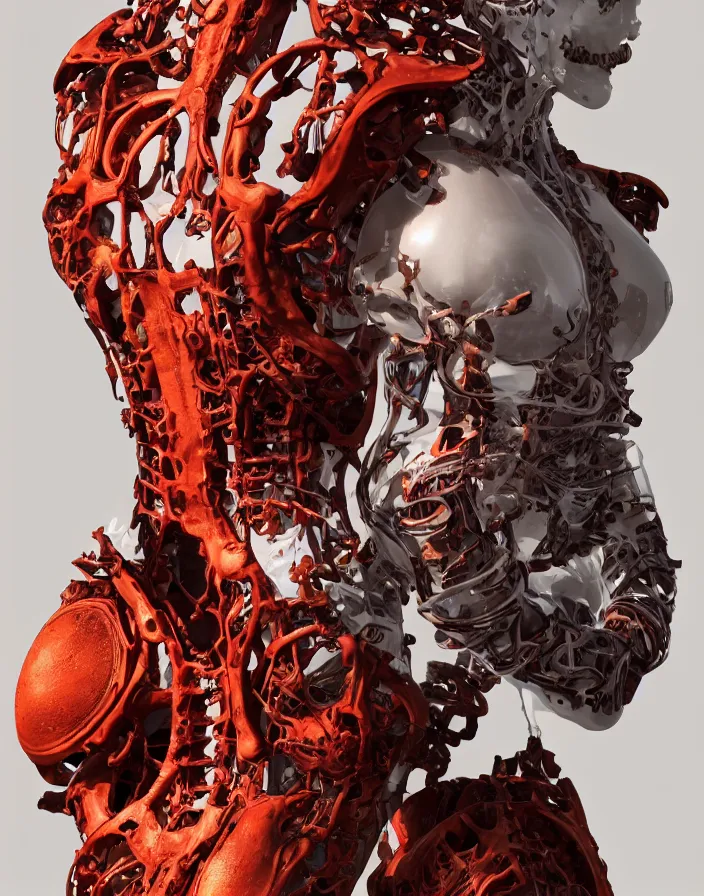 Prompt: biomechanical dress in the form of a bottle , full lenght view, positing on rock super hero pose, burning red wax .woman wearing a helmet. white plastic, human skull, swollen muscles, tumors, veins, baroque elements. intricate drawings. halo. octane rendering, cinematic, hyperrealism, octane rendering, 8k, depth of field, bokeh. iridescent accents. vibrant. teal gold and red color scheme