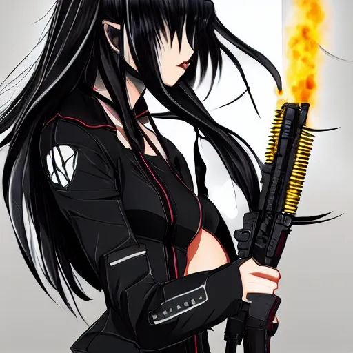 Image similar to upper body portrait of a beautiful girl with long black hair, wearing black riot gear, holding AR-15, drawn by WLOP, by Avetetsuya Studios, attractive character, colored sketch anime manga panel, trending on Artstation