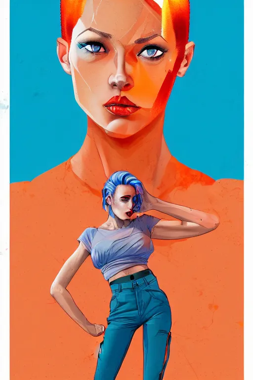 Image similar to a award winning half body portrait of a beautiful caucasian woman in a croptop and cargo pants with ombre orange blue teal hairstyle with head in motion and hair flying by martine johanna and will eisner, outrun, vaporware, digital art, trending on artstation, highly detailed, fine detail, intricate