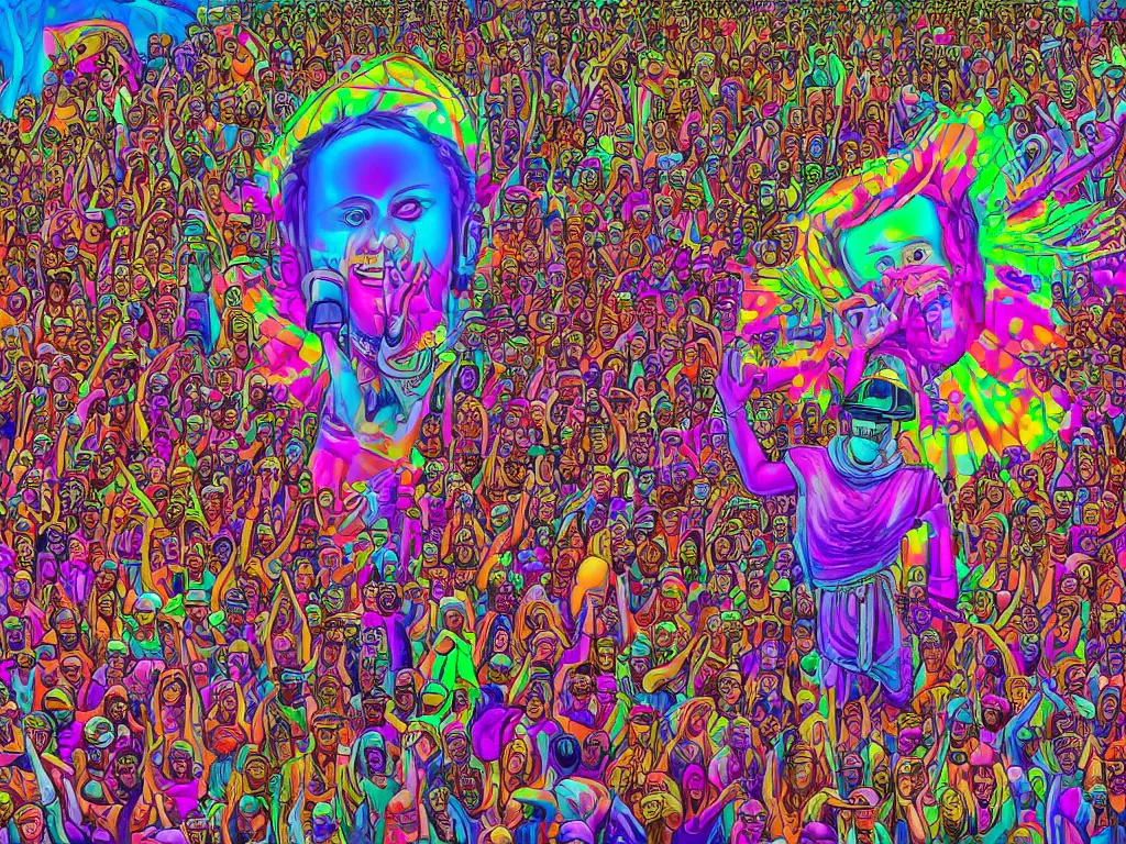 Image similar to rapping on stage at festival, holding microphone, giant crowd, epic angle, happy, psychedelic, hip hop, surreal, neon, vaporwave, detailed, illustrated by Alex Grey, 4k