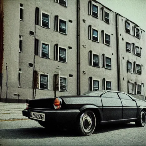 Image similar to low angle shot of russian car in soviet yard with block of flats, low grain film,polaroid, masterpiece, blur, mid day in style of william egglestone