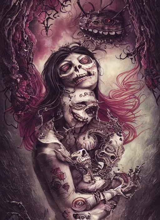 Image similar to Angry Queen of Hearts with Cheshire Cat, Death Tarot card,highly detailed,half skull face,cinematic,8k,by Stanley Artgermm,Tom Bagshaw,Greg Rutkowski,Carne Griffiths, Ayami Kojima, Beksinski, Giger,trending on DeviantArt,hyper detailed,horror, full of colour