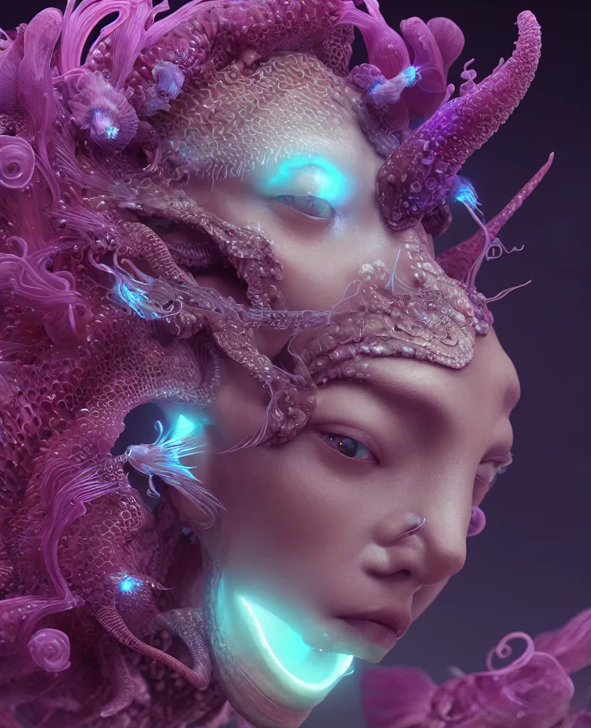 Image similar to goddess close-up portrait. chimera orchid jellyfish phoenix head, nautilus, skull, betta fish, bioluminiscent creatures, intricate artwork by Tooth Wu and wlop and beeple. octane render, trending on artstation, greg rutkowski very coherent symmetrical artwork. cinematic, hyper realism, high detail, octane render, 8k