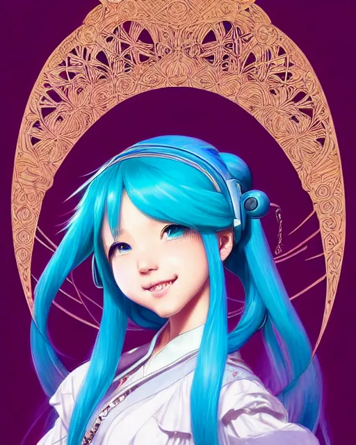 Image similar to portrait of disney hatsune miku!!!!!!!!!!, intricate, elegant, highly detailed, digital painting, artstation, concept art, smooth, sharp focus, illustration, art by artgerm and greg rutkowski and alphonse mucha and uang guangjian and gil elvgren and sachin teng and wlop, symmetry!!